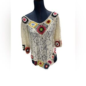 Off White Lace Crochet Knit Size Large Oversized Asymmetrical Shirt Grandmacore